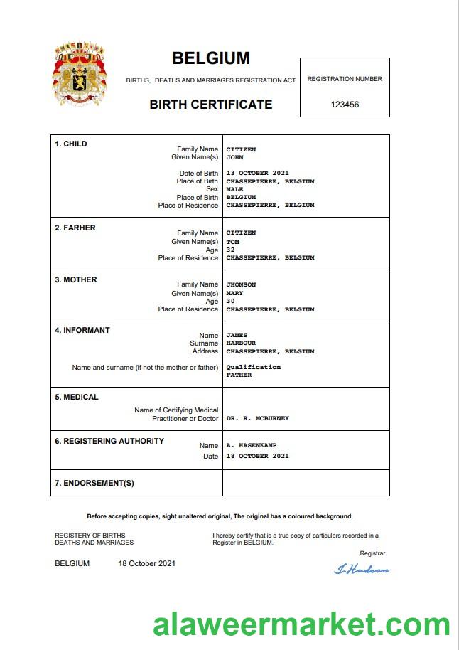 Belgium vital record birth certificate Word and PDF
